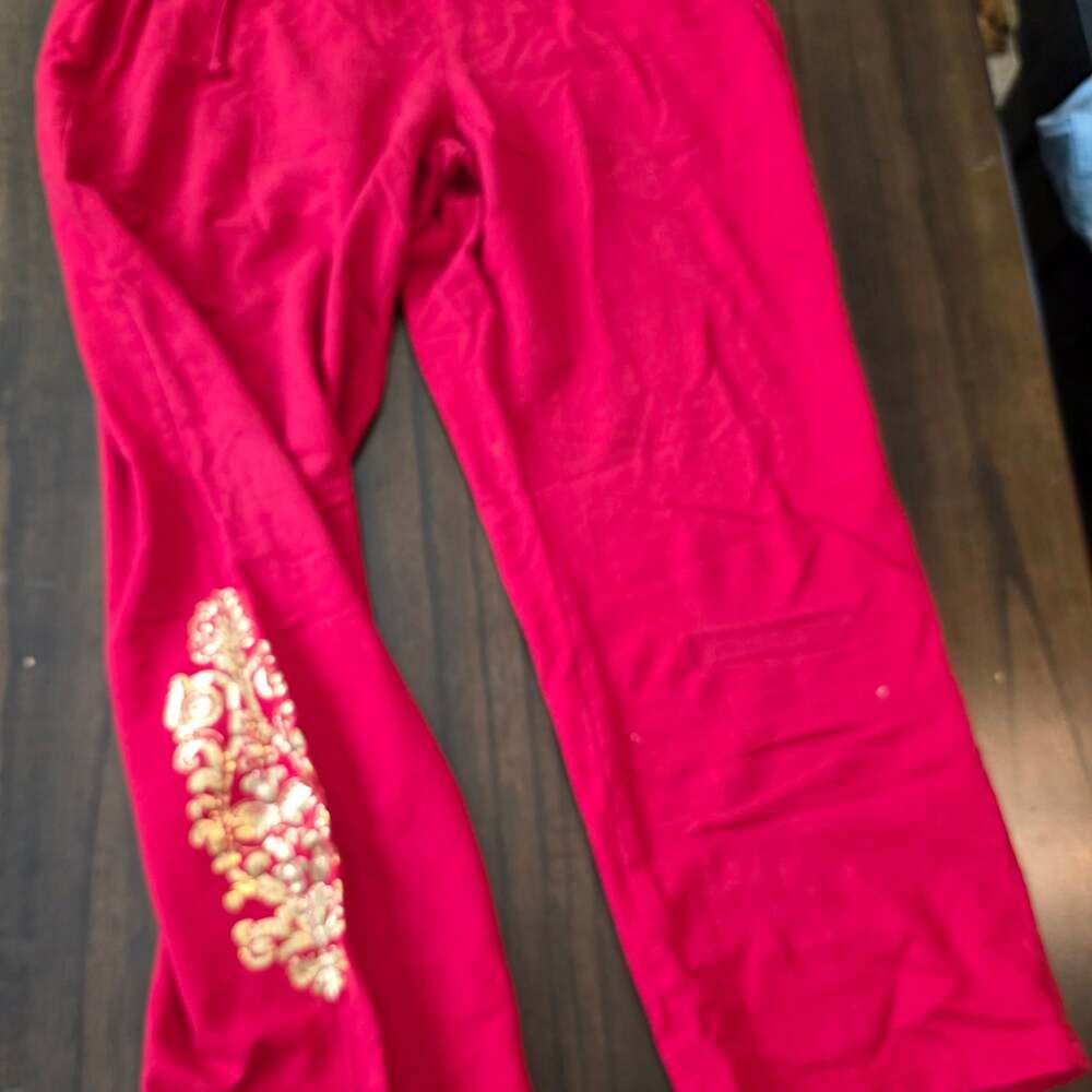 Silverwear Women's Red Sweatpants with Gold Embroidery Detail Size 2X